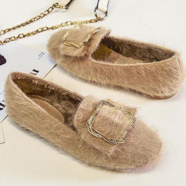 

woman flats winter fur slip on women fleece shoe metal buckle square toe comfortable warm plush shoes female moccasin fur boots, Black