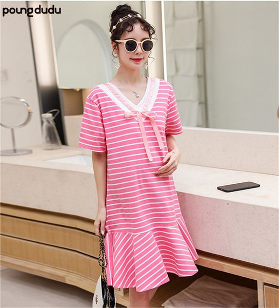 

poungdudu maternity pregnant women dress loose striped ribbon maternity dress large size real s2019 new, White