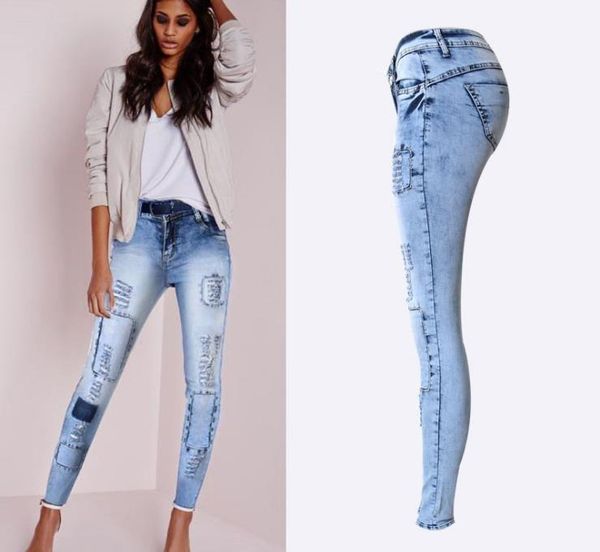 

women pants zipper ripped jeans for women high waist hole long pants patch jeans straight pencil plus size trousers, Blue