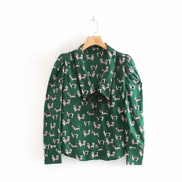 

animal printing turn-down collar bow tie women shirt 2019 autumn leisure lady puff sleeve blouse loose s6562, White
