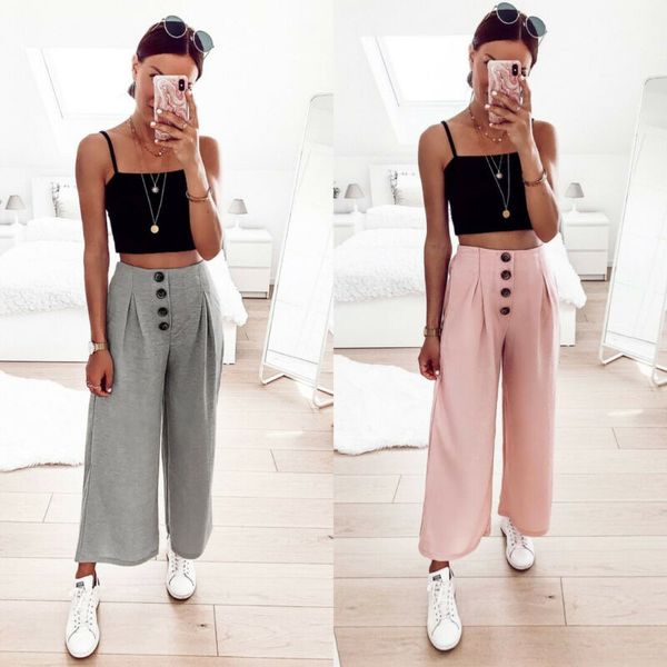 

fashion women high waist trousers with pockets elegant ladies button elastic waist pants casual loose wide leg pants plus size, Black;white