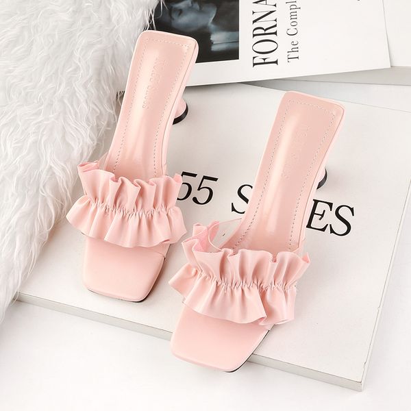 

2020 style summer women crystal 6cm high heels mules shales slides female strange low heels slippers fashion pink pvc shoes, Black