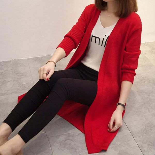 

new women autumn loose long solid color casual sweater cardigan knitted long sleeve cardigan coat, White