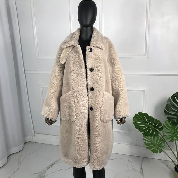 

women's fur & faux long style winter fashion teddy bear coat wool jacket composite shearling lamb button oversized turn-down, Black