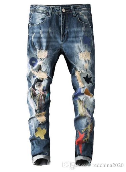 

2020 brand distressed ripped mens designer printed slim fit jeans denim straight graffiti washed destroyed patches trousers 9638, Blue