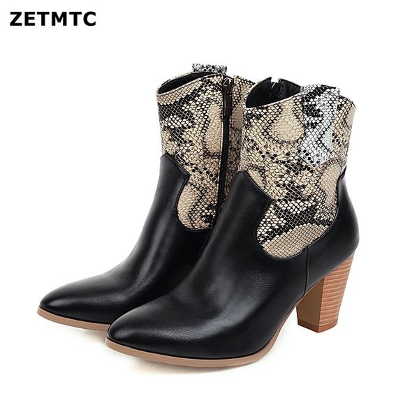 

classic mixed colors pu leather cowboy ankle boots women wedge high heel booties snake print western cowgirl boot 2019 female 39, Black