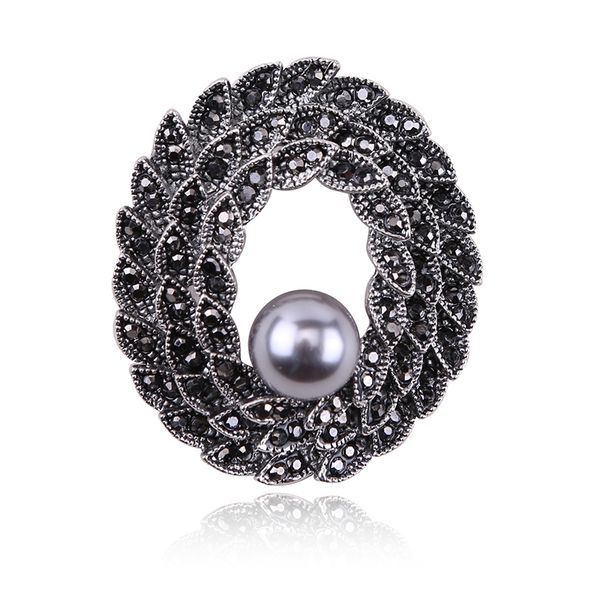 

elegant style vintage rhinestone flower brooches for women black leaf garland brooch pin fashion jewelry coat accessories, Gray