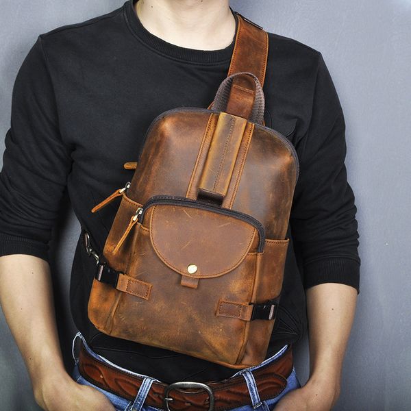 

2020 new men original leather casual fashion chest sling bag 8" tablet design travel one shoulder bag crossbody male 3028-db
