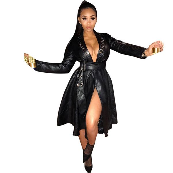 

faux leather coat women black 2019 autumn winter new europe and america long sleeve v neck fashion pu jacket feminina lr429