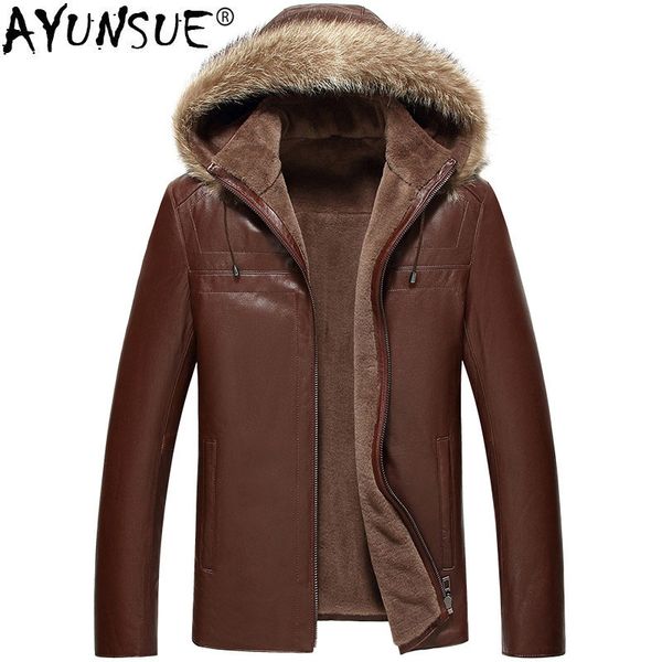 

ayunsue genuine leather jacket men's wool liner short coat winter jacket men raccoon fur collar sheepskin coat lsy080033 my1156, Black