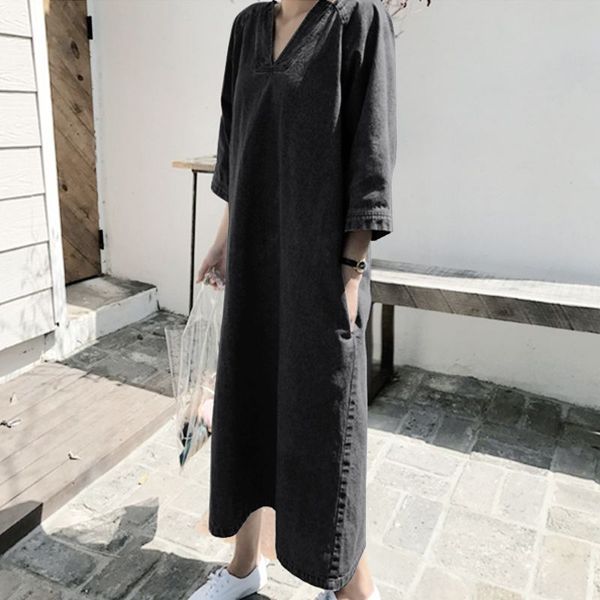 

casual dresses 2021 women v neck 3/4 sleeve mid calf dress zanzea summer elegant loose solid color vestidos robe femme -5xl, Black;gray