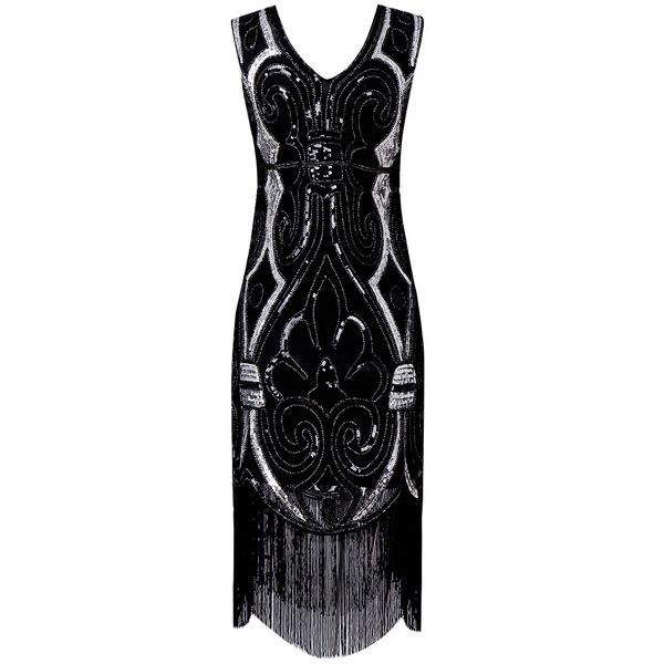 

prom splicing fringed temperament retro fashion sleeveless sequin banquet evening dress skirts party long dress, White;black