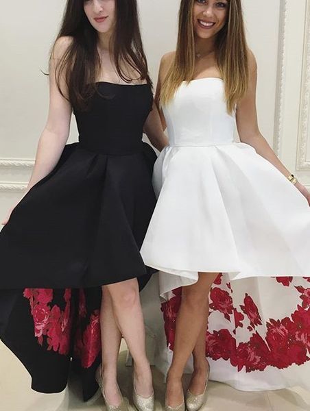 

high/low design evening dress with lace appliques strapless women satin prom gown, White;black