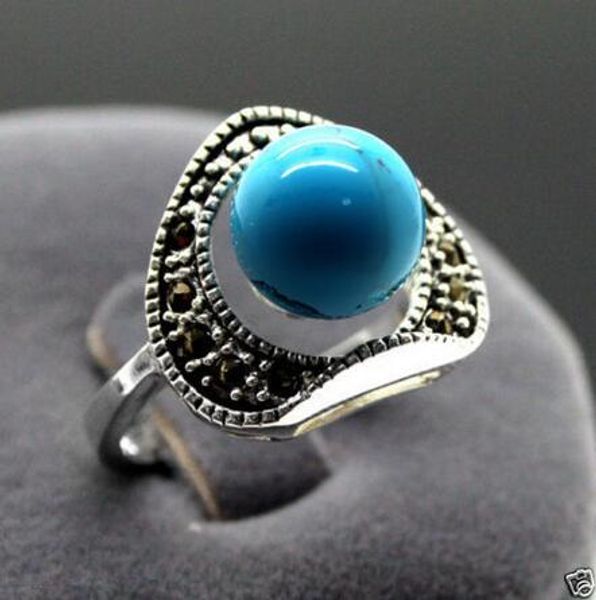 

13x15mm vintage 6mm turquoise blue marcasite silver ring 9> wholesale quartz crystal