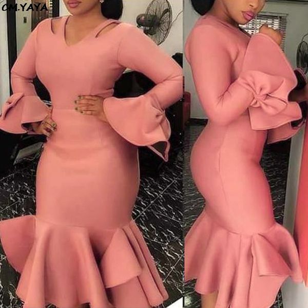 

2019 new women summer ruffles petal long sleeve v-neck mermaid bodycon midi dress night club party knee length dresses gl44728, Black;pink