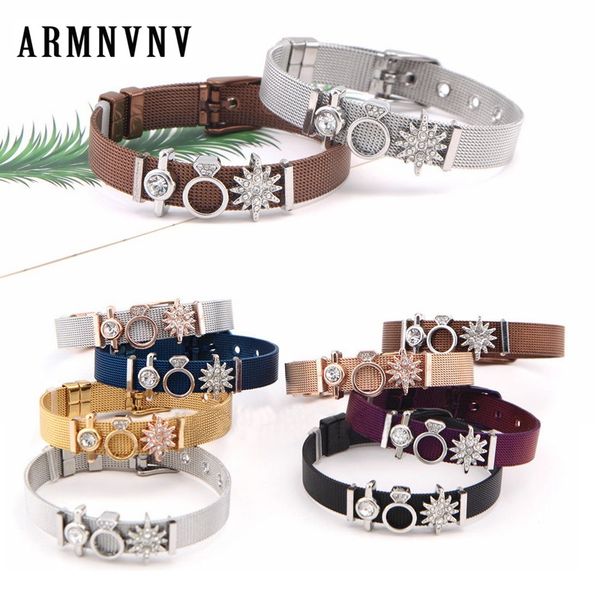 

armnvnv stainless steel mesh keeper bracelet with crystal snowflake slide charms bracelets women wife wedding gifts, Golden;silver