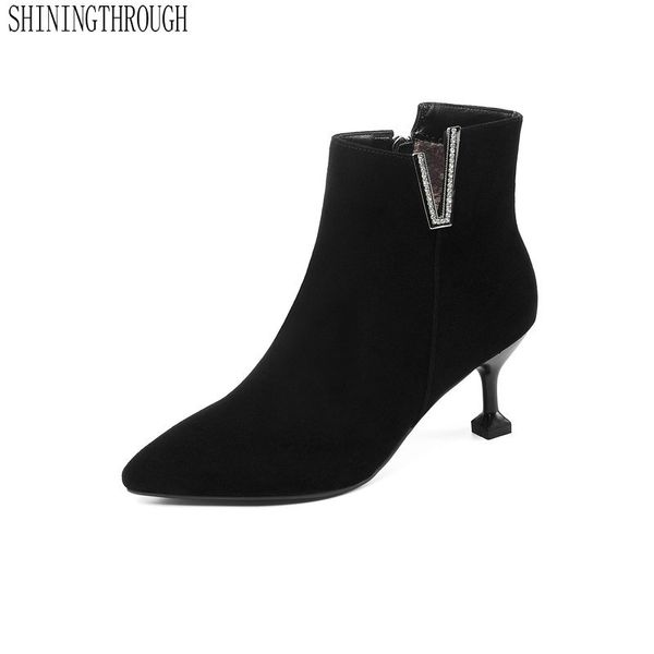 

2020 suede leather women ankle boots thin high heel pointed toe casual elegant winter shoes women boots big size 34-43, Black