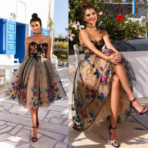 

stunning short prom dresses lace appliqued a-line strapless neckline homecoming dress knee length tulle party gowns, Black