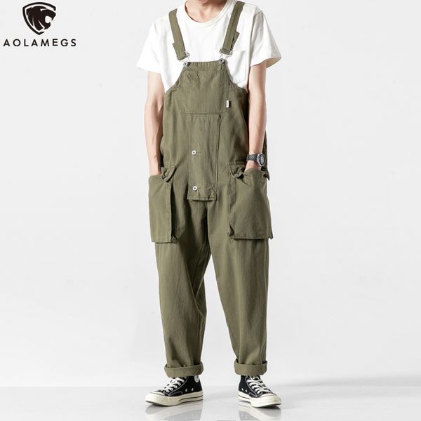 

aolamegs японский грузовой комбинезон мужчины vintage high street multipockets wide-ноги штаны пара мода сыпучие повседневный твердые комбин, Black