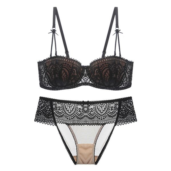 

2019 underwear women sets brassiere ultra thin half cup bra and briefs plus size d lace bras set lingerie femme, Red;black