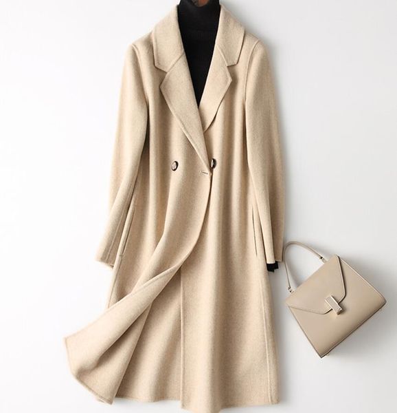 

2019 autumn and winter double-sided pure cashmere coat women jacket long loose wool new pure color cardigan plus size 2xl, Black