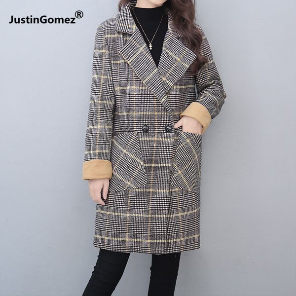 

plaid classic wool coat ladies long korean version new autumn and winter popular thousand bird lattice tit wool coat plus size, Black