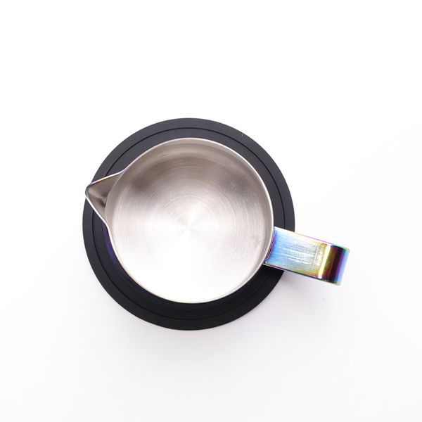 

milk frothing pitcher with silicone coaster, stainless steel, coffee accessories
