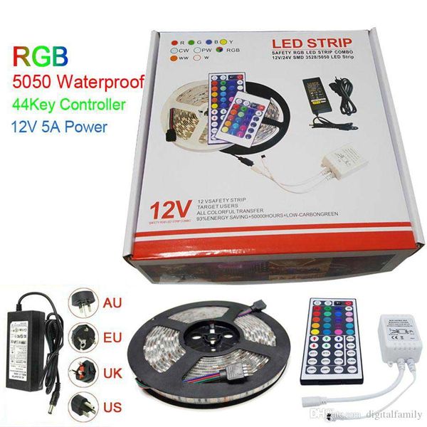 Presentes 250M Natal Luz LED Strip RGB 5050 SMD 300Led impermeável com 44Key controlador com 12V 5A Pacote Power Retail 250 metros por DHL