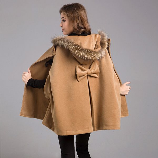 

2019 new womens winter jackets and coats plus size female casual loose cape bat sleeve wool fur collar poncho jacket cloak coat, Black
