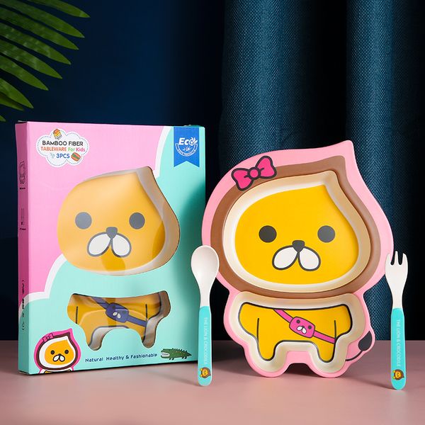 

baby tableware cute cartoon 5pcs/set children feeding dishes kids bamboo fiber dinnerware set with bowl fork cup spoon plate