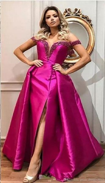 

2020 fuchsia evening dresses train off shoulder beads sequin front side split celebrity prom dresses satin red carpet party gowns, Black;red