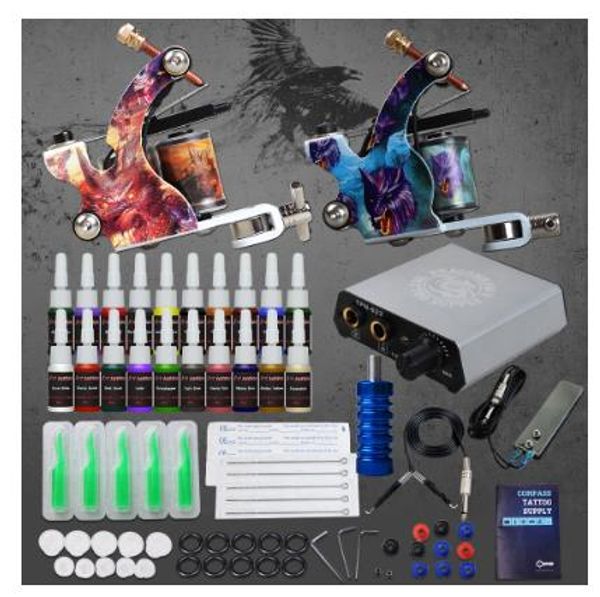 

beginner complete tattoo kit supplies 2 machine guns 20 color inks power supply needles grip tip set