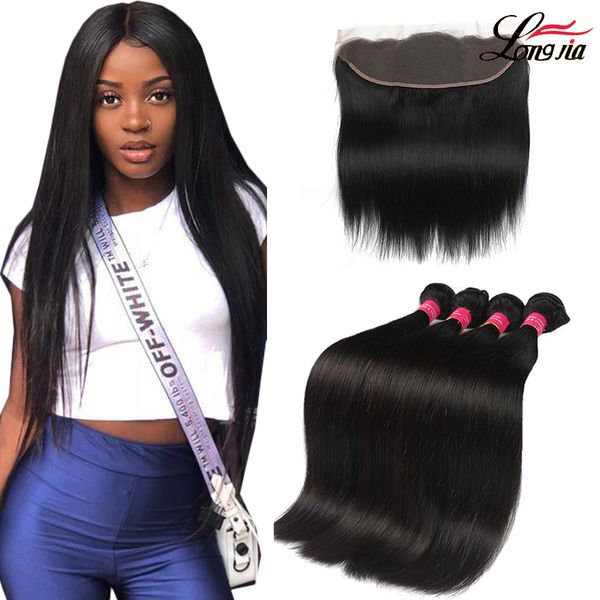 

8a malaysian virgin hair straight with lace frontal straight ear to ear lace frontal closure human hair 13x4 frontal with bundles deals, Black