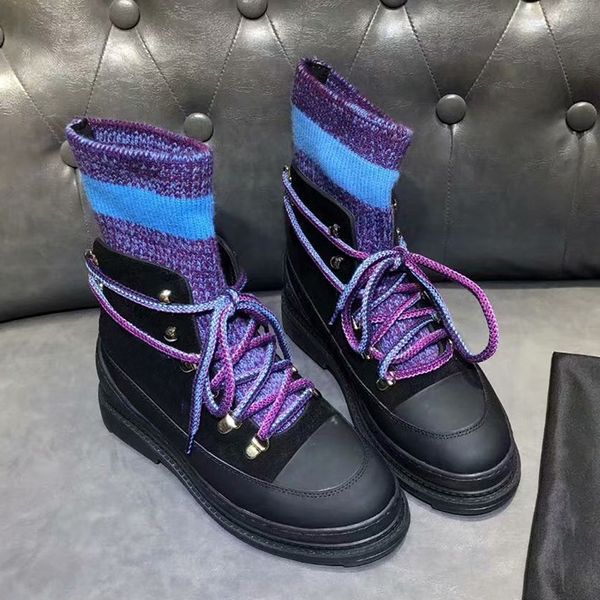 

fall / winter 19 new european station short boots women's comfortable wool knitted wool low heel ankle boots lace up boots, Black