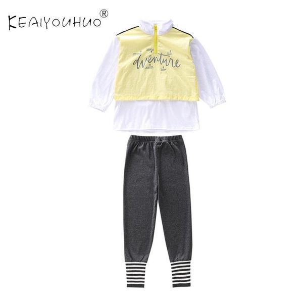 

spring baby girl clothes zipper neckline shirt + tight pant children sport set fashion kids clothes for girls for 4-12 years old, White
