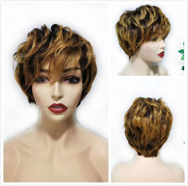 Honey Blonde Ombre Human Hair Wig Pixie Cut Short Peruvian