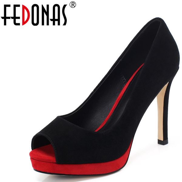 

fedonas женщины kid suede насосы тапочки высоких каблуках peep toe fine пятки ботинки партии дизайн летние сандалии обувь женщина, Black