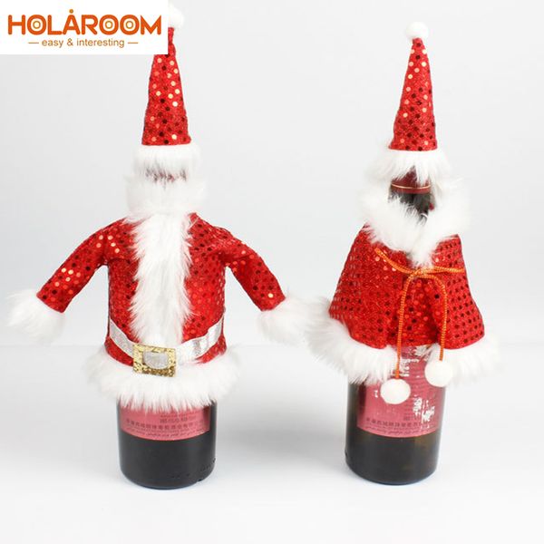 

2set chrismas wine bottle red cover santa claus snowman bottle cover sequined clothes decor set for new year xmas dinner party