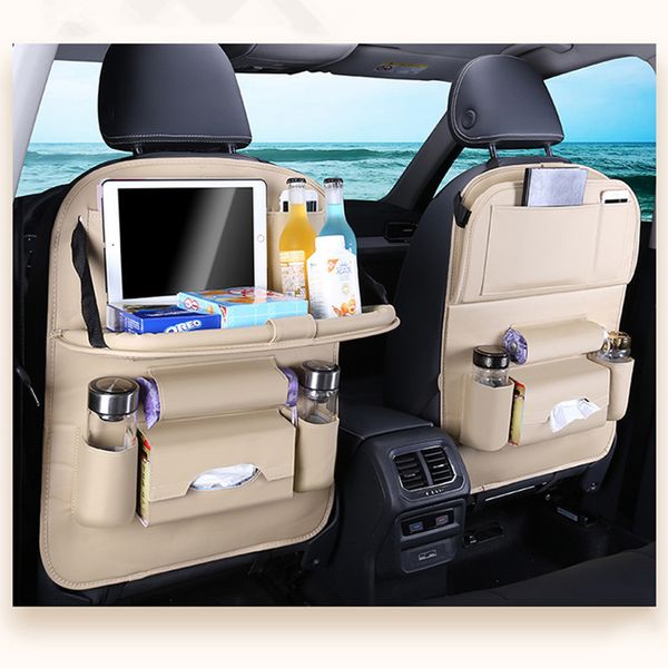

car leather seat back bag with tray table hold bottles tablet foldable saving space stowing tidying wooden board durable firm
