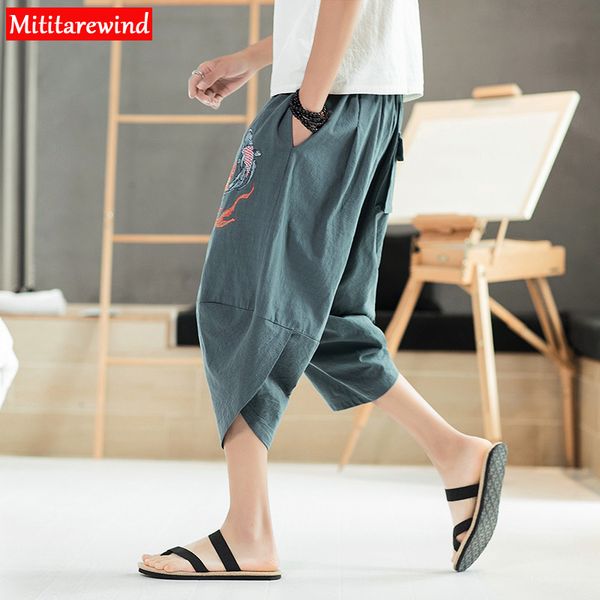 

embroidery summer pants men casual loose calf-length trousers men cotton linen breathable japanese streetwear harem pant for, Black
