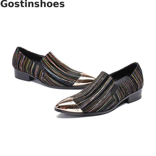 

fashion men casual shoes striped genuine leather men loafers pointed metal tipped oxfords shoes leisure low heel rubber sole, Black