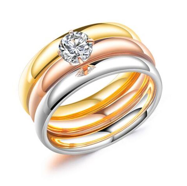

korean personality classic three-color titanium steel ring for women three-in-one white zircon ring jewelry anillos, Silver