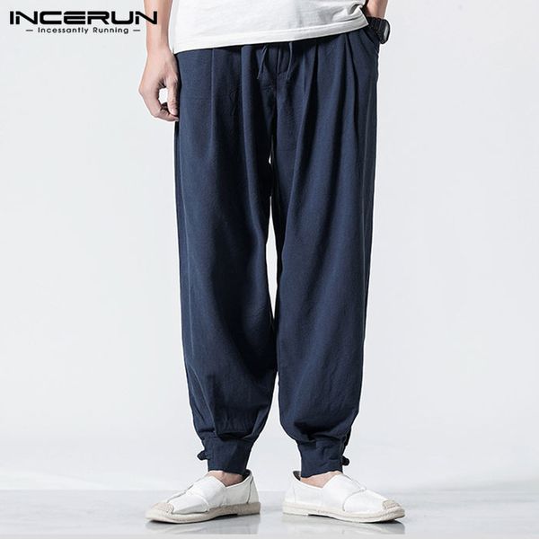 

men's pants incerun men solid retro comfort joker cotton harem pant casual baggy trousers elastic waist mens sweatpants joggers 2021, Black