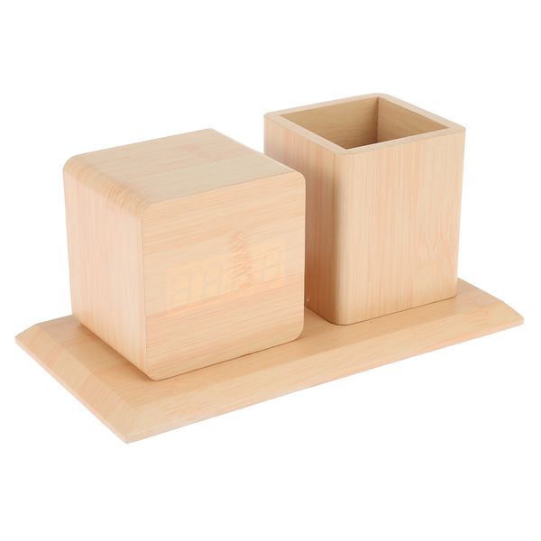 

voice-activated wooden alarm clock with pen container