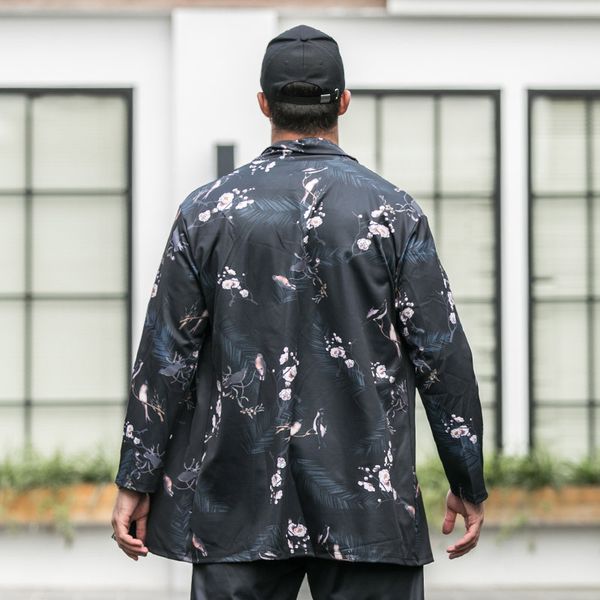 

plus size men's cloak jacket long section plus fat increase guy long sleeve cardigan plum print, Tan;black