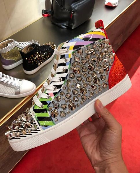 

original box] 2019 new red bottom high cut sneakers junior spiked men shoes luxury print pik pik no limit studs sliver, Black