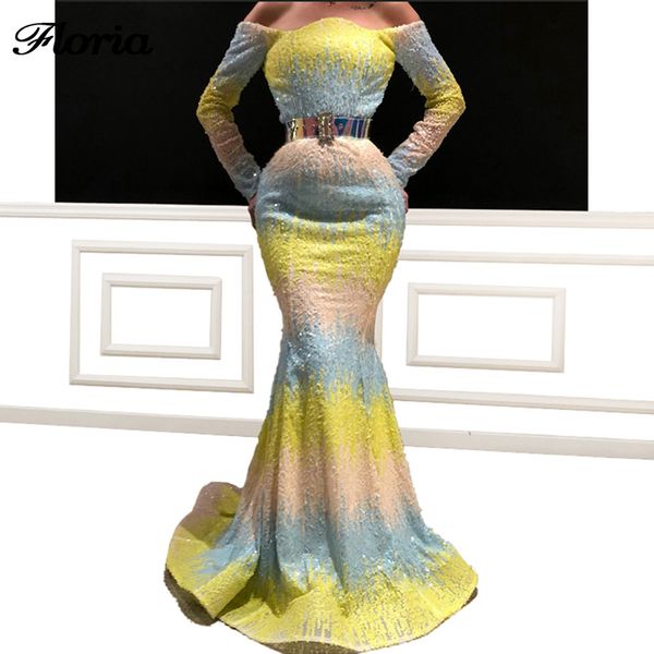 

sequins off the shoulder evening dresses 2019 long sleeve sparkly handmade mermaid prom dress for arabic dubai islamic party new, White;black