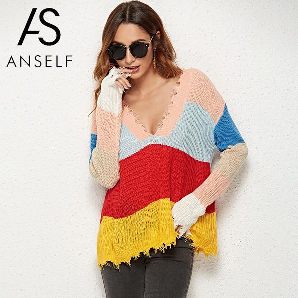 

anself rainbow sweater female christmas pullovers women sweater multi color block deep v neck long sleeve tassel knitwear jumper, White;black