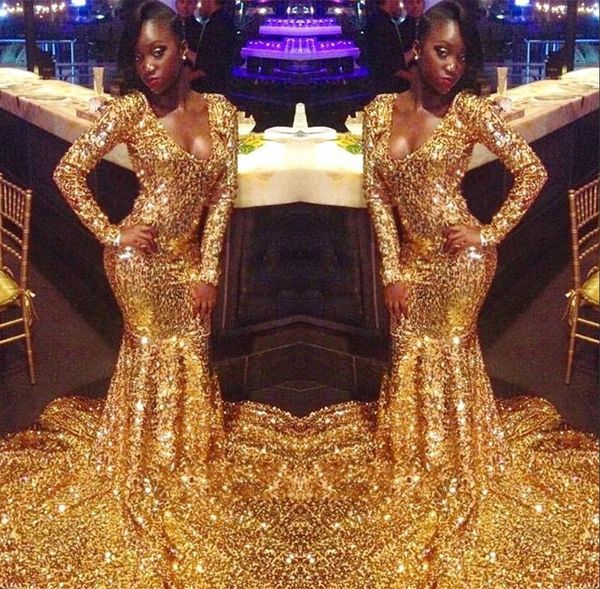 

luxury gold sequined long sleeve mermaid prom dresses scoop sweep train elegant black girls evening party dress south african bc1303