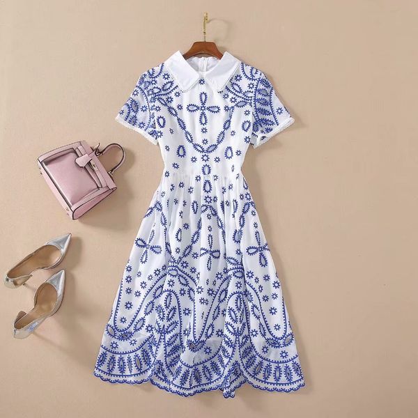 

european and american women's dress 2020 summer new styles short sleeve doll collar hollow out the embroidery fashion dress, Black;gray